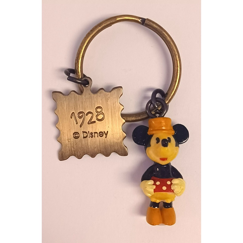 Vintage Disney Minnie Mouse Keychain 1928 Stamp Charm Brass Tone Key Ring HTF